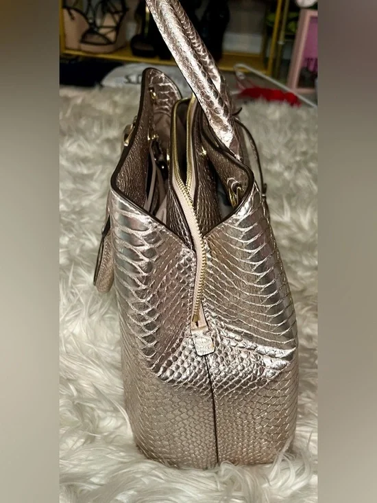 Michael Kors Metallic Golden BronzeSnake-Embossed Top-Handle Satchel - Picture 9 of 16